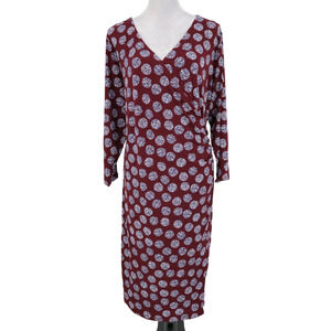 Susan Graver Dress Womens XL Burgundy Print Ruched Side Faux Wrap Midi Career